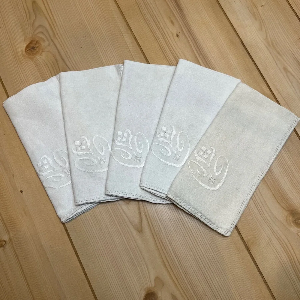 Unbranded Unisex Vintage Linen Napkins White Floral Embroidered Set of 5 16x16